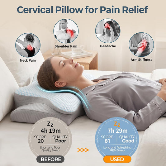 Cervical Pillow for Neck Pain Relief, Ergonomic Neck Pillow for Sleeping, Contour Side Sleeper Pillow for Neck Support, Orthopedic Cooling Memory Foam Pillows for Back Stomach Sleepers (Blue)
