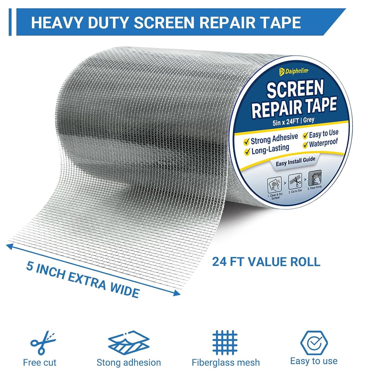 5in x 24FT Grey Window Screen Repair Tape - Extra Wide Fiberglass Mesh Screen Patch Kit for Large Tears & Holes - Heavy Duty Self-Adhesive Waterproof Fix for Windows, Doors, Patios & RVs