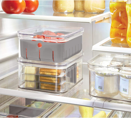 iDesign Small Fridge Berry Bin with Removable Colander Basket and Lid - Set of 2 - Clear/White