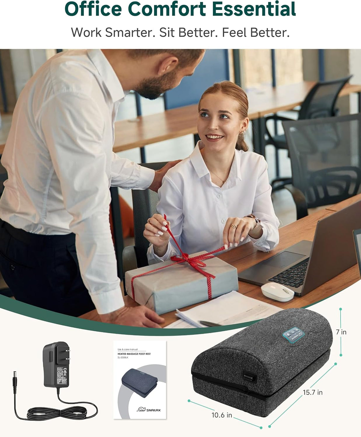 Snailax Heated Foot Rest Under Desk, Adjustable Height Foot Stool with Heat