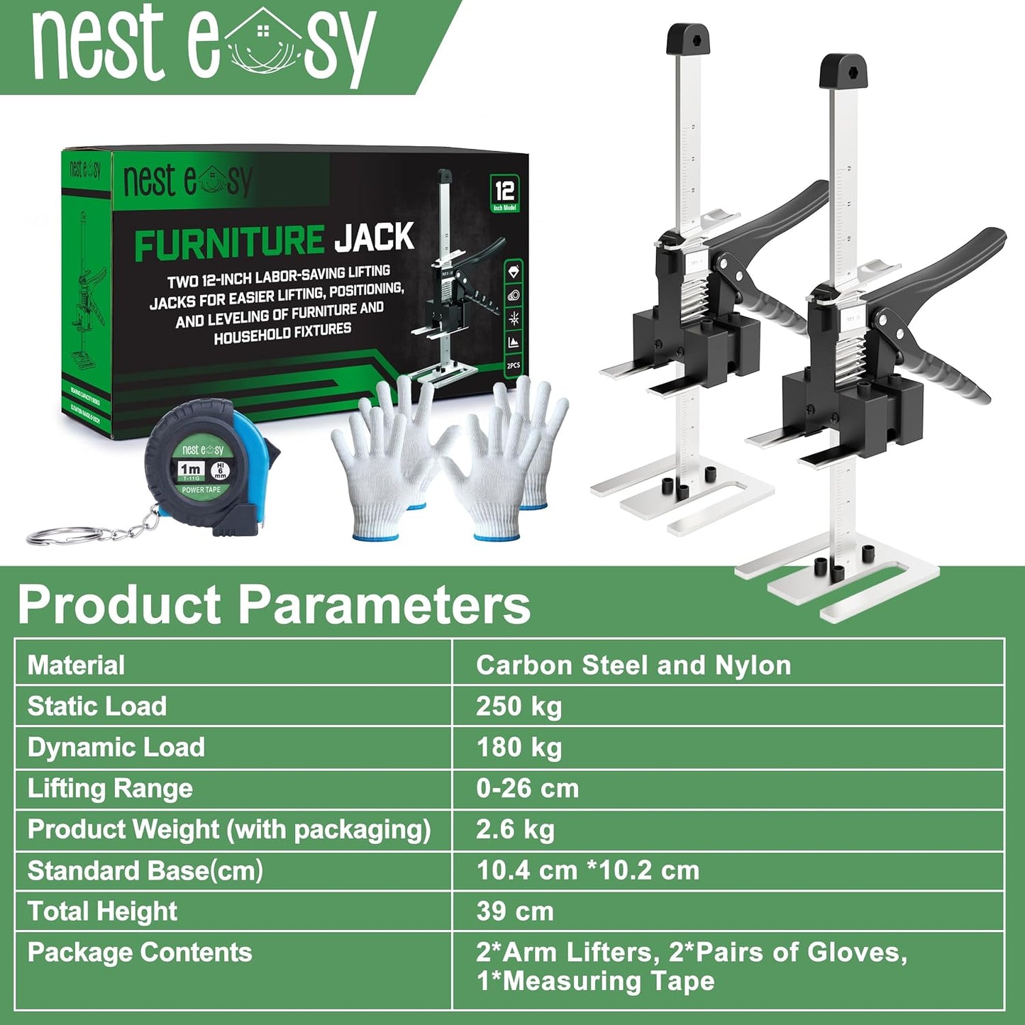 Furniture Jack 2 Pack Labor Saving Arm Jack 12IN Handle, 360 LBS Capacity | Labor-Saving Arm Jack Handle - Ideal for Cabinets, Doors, Windows & Furniture, Hand-Operated Construction Lift Solution Tools