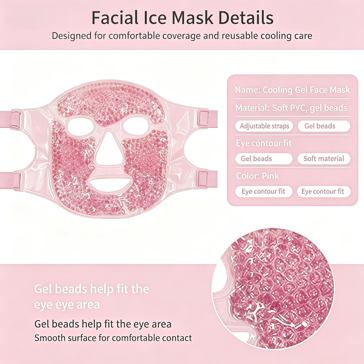 Reusable Gel Bead Cooling Face Mask, Adjustable Strap Ice Facial Mask for Puffiness Relief Skin Care