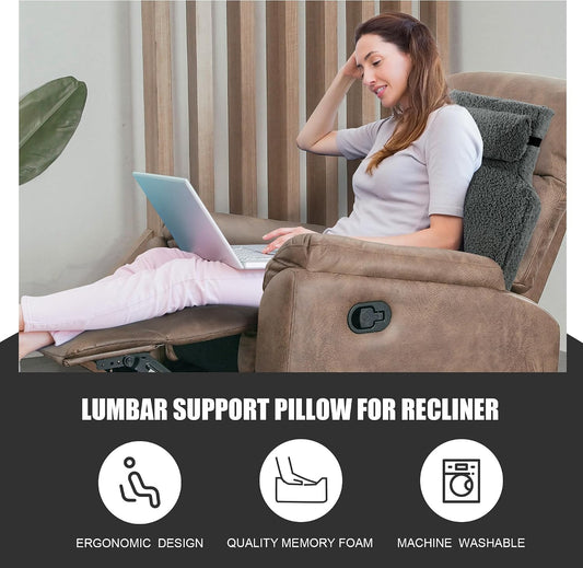 2 Piece Sherpa Fleece Lumbar Support Pillow for Recliner Chair, Memory Foam Lumbar Pillow with Headrest for Back Pain Relief, Back Support Cushion for Office Chair(Grey)