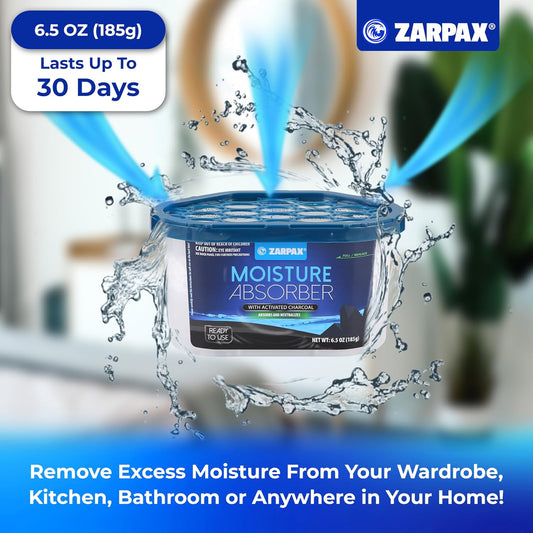 ZARPAX Moisture Absorber Activated Charcoal 10.5 oz/300g | Removes Moisture, Damp, Humidity & Odors | Odor Absorber | Moisture Trap for Bathroom, Closet, Kitchen & Small Spaces | Set of 4