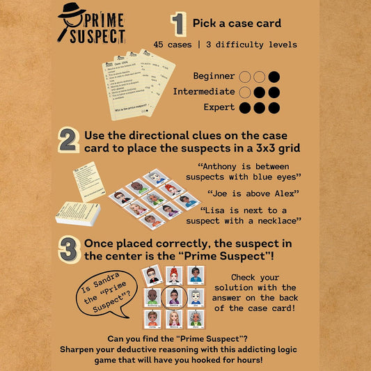 Prime Suspect Logic Game with 45 Case Cards | Single Player or Group Play | Ages 8+ | Compact Brain Teaser Game | Detective Game (Prime Suspect: Original)
