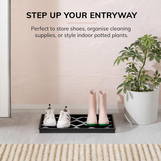 Anji Mountain Heavy Duty Waterproof Rubber Shoe Storage Mat Organizer/Boot Storage Multi Use for Entryway with Coir, Tan Cross Embossed Insert, Fits 2 Pair (24.5" Wide) - Colors A
