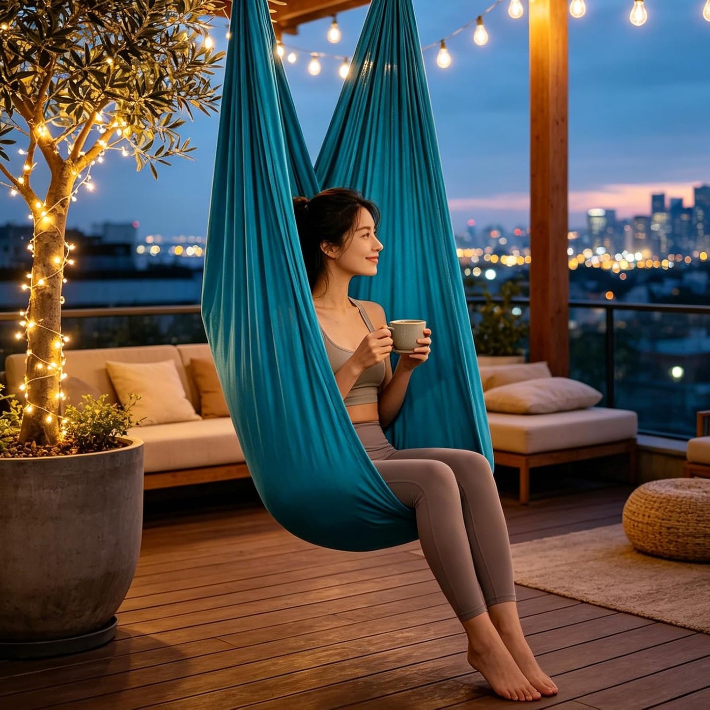 Blue-Green Gradient & Dark Green Aerial Yoga Hammock (400x180 cm / 157"x71"), Soft Silk Swing for Anti-Gravity Yoga, Inversion Therapy, Ideal for Strength, Flexibility Training and Stress Relief