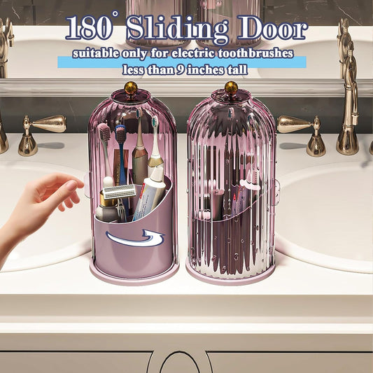 Toothbrush and Toothpaste Holders with Cover, Grey White | Waterproof and Dustproof, 360° Rotating Base, Smooth Sliding Door, 3 Slots, for Bathroom Countertop