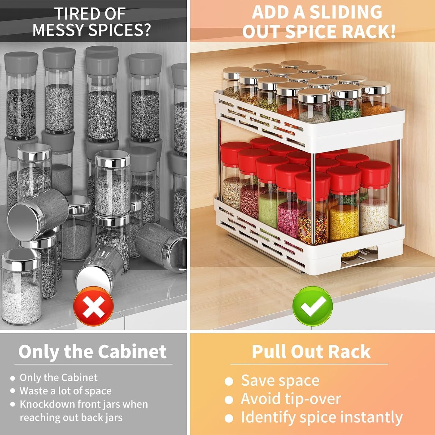 Pull Out Spice Rack Organizer for Cabinet, 3 Packs Slide Out Spice Racks Organizer, Spice Cabinet Organizers, Cabinet Size Need:12'' Highx11'' Deepx5'' Wide,Each Tier Hold 10 Spice Jar - 2 Tier, Black