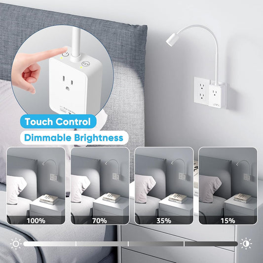 Plug in LED Book Reading Spot Light, White Dimmable Wall Sconce Lamp with Power Plug and Outlet Extender for Kitchen Bedroom Living Room, 3 Lighting Colors, USB Output Charging Ports