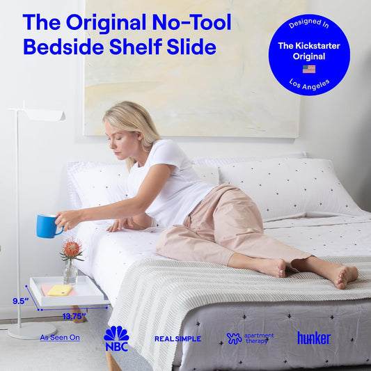 BedShelfie Bedside Shelf for Dorm Room - White Wood Slide | Bunk Bed & Top Bunk, College Dorm Room Essentials, Bedside Caddy, Clip on Floating Desk Tray, Bed Side Table, Loft Nightstand