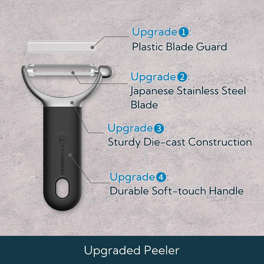 KITCHENDAO Swivel Vegetable Potato Peeler for Kitchen, Japanese Stainless Steel Sharp Blade, Heavy Duty Die-cast Construction Y Peeler, Built-in Eye Remover, Soft-touch Handle, Dishwasher Safe, Black