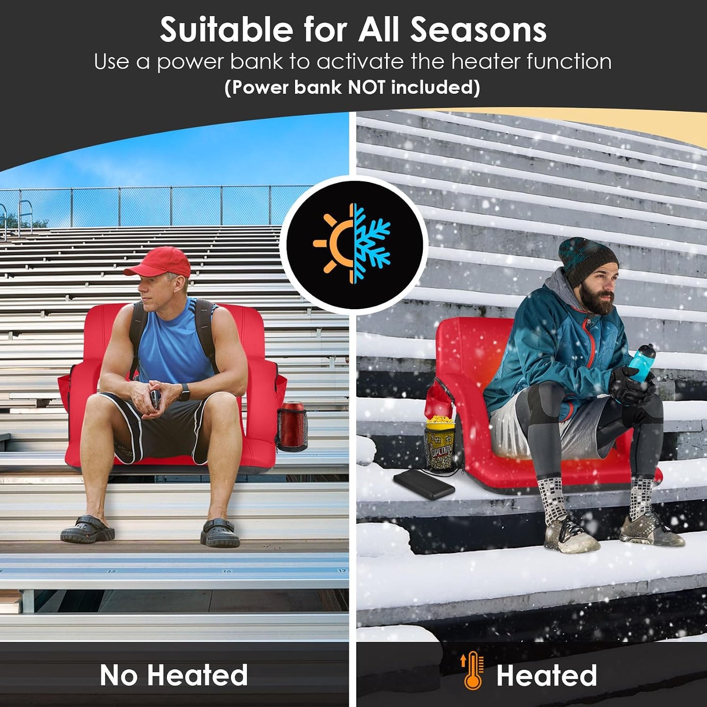 HOPERAN 21" Heated Stadium Seats for Bleachers with Back Support, Black 2PC | Seat & Back Heat Wired Control, 3 Heat Levels (NO Battery), Soft Cushion, 6 Recline, Anti-Slip, Side Pockets, Backpack Straps