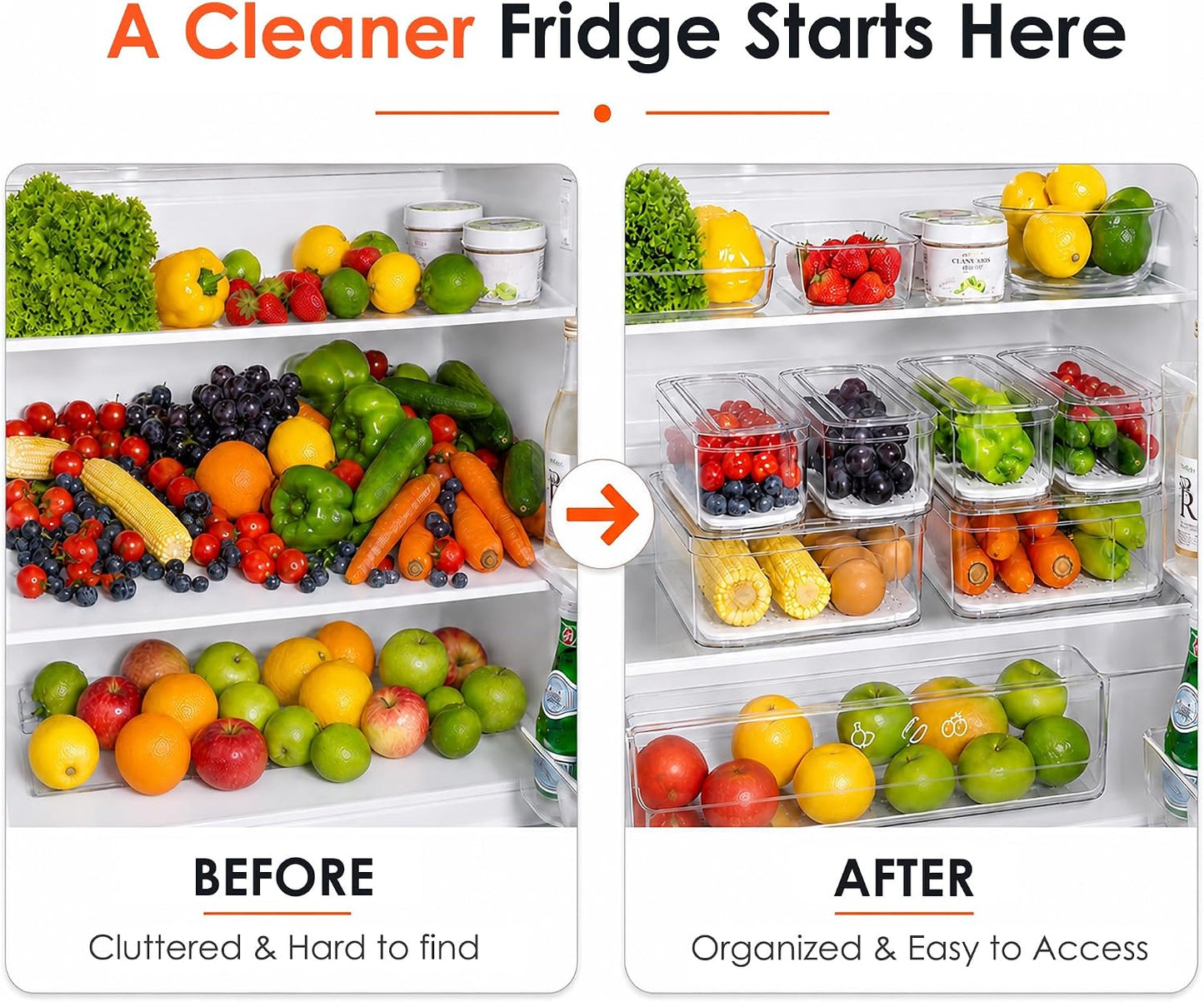 SMRCAD 6 Pack Clear Fridge Organizer Bins with Drain Trays - Stackable | BPA-Free PET, 6 Pack: 6 lidded Bins (Not drawer), Helps Keep Produce Fresh, 14L Capacity, Hand Wash Only