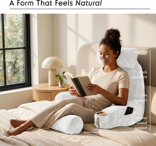 Nestl Reading Pillow for Bed, Back Pillow for Sitting Up in Bed, Dark Grey | 18” Backrest Pillow with Arms, Adjustable Support, Shredded Memory Foam Fill, OEKO-TEX, College Dorm Essentials for Adults