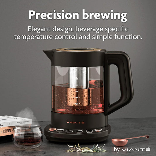 Viante Alba Electric Tea Kettle With Infuser, No Plastic, 1.5L | Borosilicate glass & 304 stainless steel construction. 4 temp presets, keep-warm, cordless, auto shut-off