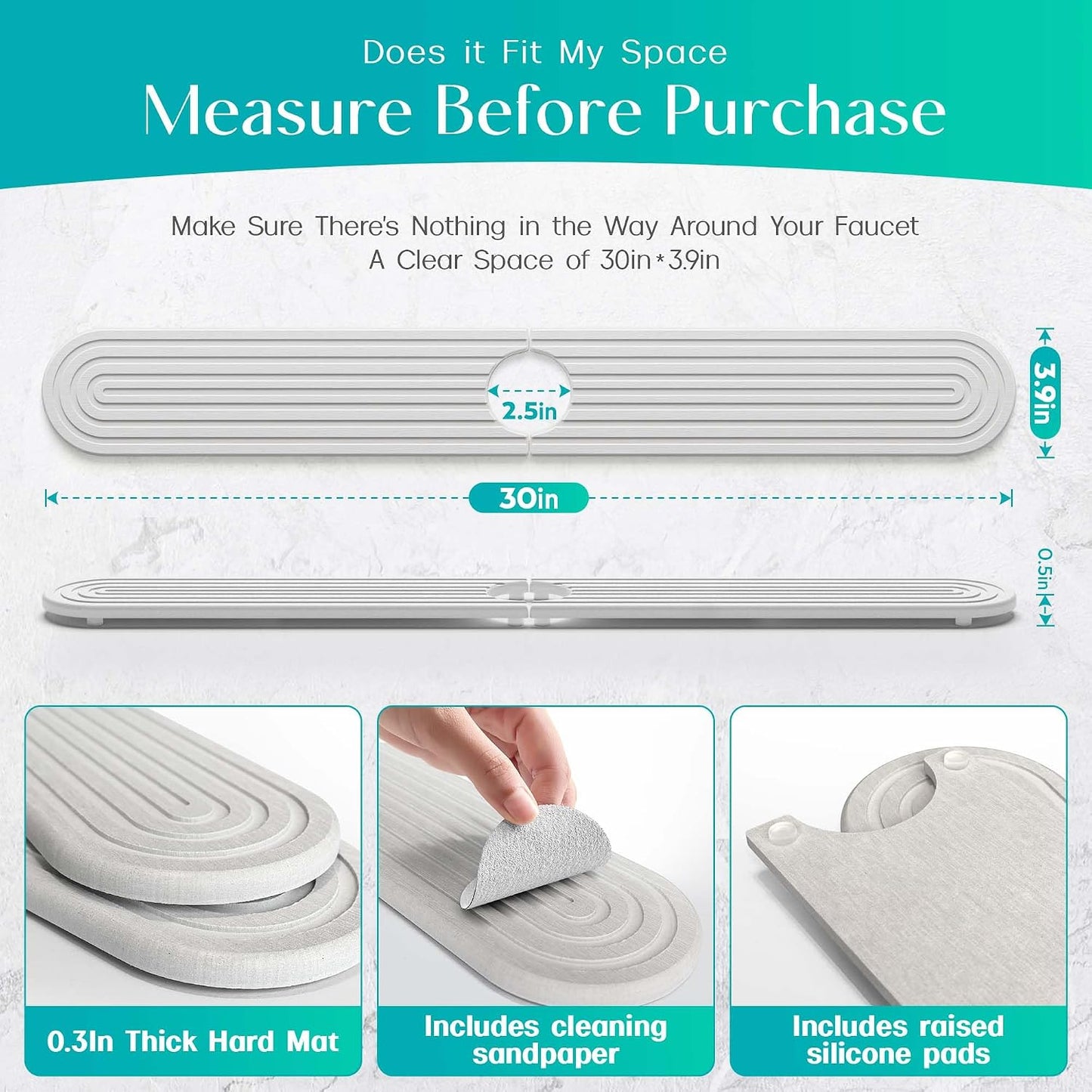 Stone Faucet Mat for Kitchen Sink – Diatomite Fast-Drying Stone Tray, Faucet Mat Sink Splash Guard, Decorative Sink Protector for Kitchen Bathroom Counter (Light Grey, 20''x3.9'')