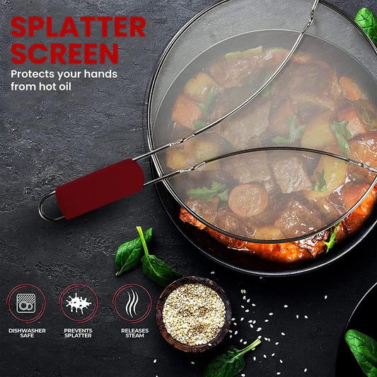 13" Grease Splatter Screen for Cooking | Stainless Steel Oil Splatter Guard and Ultra-Fine Mesh Protects Skin from Burns | TPR Tight-Grip Handle (Red)