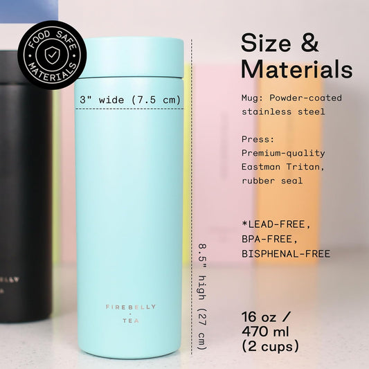 Firebelly Tea, Travel Tea Infuser Mug with Strainer, Insulated Tumbler for Loose Leaf Tea or Coffee, Leakproof Bottle for Hot or Iced Drinks, Stainless Steel Thermos with Lid, Forest