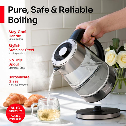 MUELLER HOME Rapid Boil Electric Tea Kettle 1.8L, BPA-Free Hot Water Boiler | Borosilicate Glass & Stainless Steel, LED Light, Auto Shut-Off, Boil Dry Protection Fast Water Heater, Kitchen Appliances