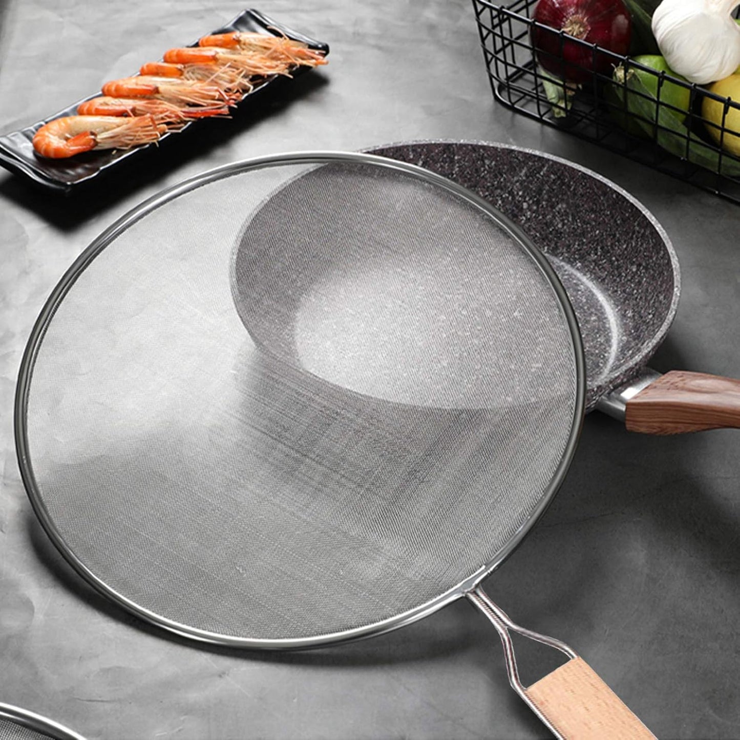 3PCS Grease Splatter Screen for Frying Pan,Stainless Steel Grease Guard | Grease Splatter Guard Shield for Kitchen Frying Pan Cooking Supplies Set of 9.44", 10.8" and 12.5" inch (Wood Handle)