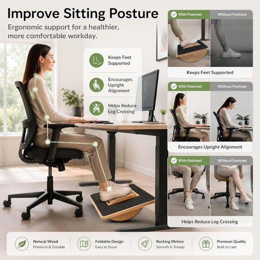 Foldable Under Desk Foot Rest, Wooden Rocking Footrest with 4 Massage Rollers, Natural Rubber Wood Ergonomic Foot Stool with Silicone Anti-Slip Surface, Office Home Study Footrest for Post