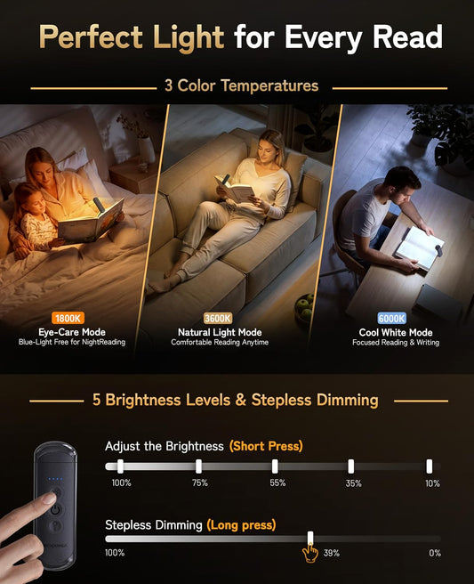 HIONXMGA Rechargeable Book Light,Clip-On Reading Light for Books in Bed | 700mAh,Up to 140H Runtime,3 Amber Colors & Stepless Dimming,30-Min Sunset Mode,USB-C ,Bookmark,Book Lovers,Christmas,Black