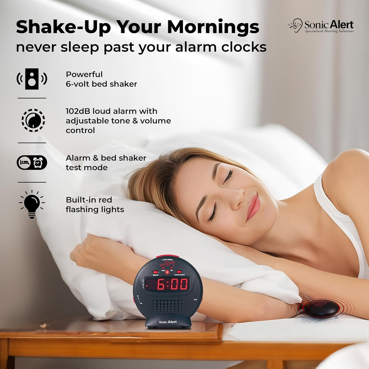 Sonic Alert Small Digital Alarm Clock with Battery Backup, Snooze, Full Range Brightness Dimmer, Outlet Powered Compact Clock for Bedrooms, Desk, Bedside, Simple to Operate (Black)