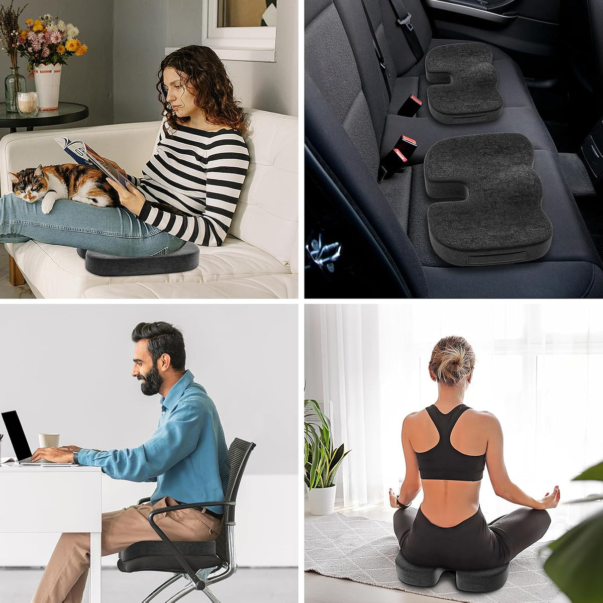 Seat Cushion for Office Chair, Ergonomic Memory Foam Seat Cushion for Long Sitting and Driving, Tailbone Relief Cushion for Office Chairs and Car Seats, Non-Slip Bottom, Washable Cover, Black