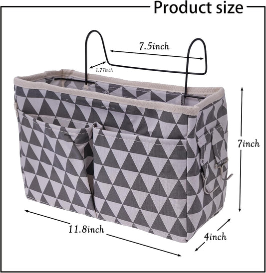 Bedside Caddy Organizer Hanging Storage Basket with Large Pockets & Hooks, Heavy-Duty Canvas Bedside Organizer for Bunk Beds, Dorm Rooms, Hospital Beds & Small Spaces (Gray Triangle Pattern)