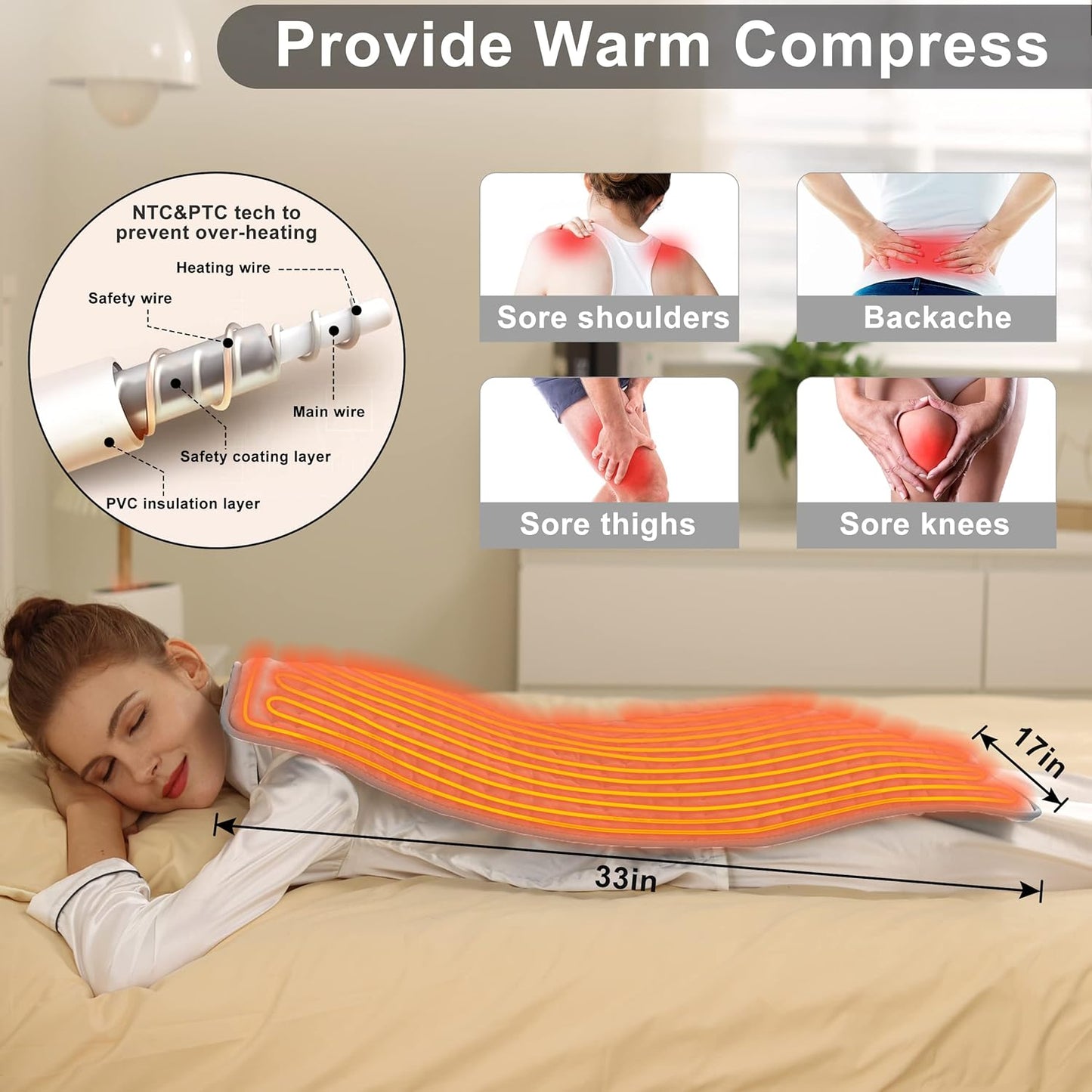Heating Pad Electric Heat Pad, Hot Heated Pad,Multiple Temp and Timer Settings,Suitable for Shoulders, Neck, arms, Abdomen, Back, Legs, etc. (Gray Green, 24"X12")