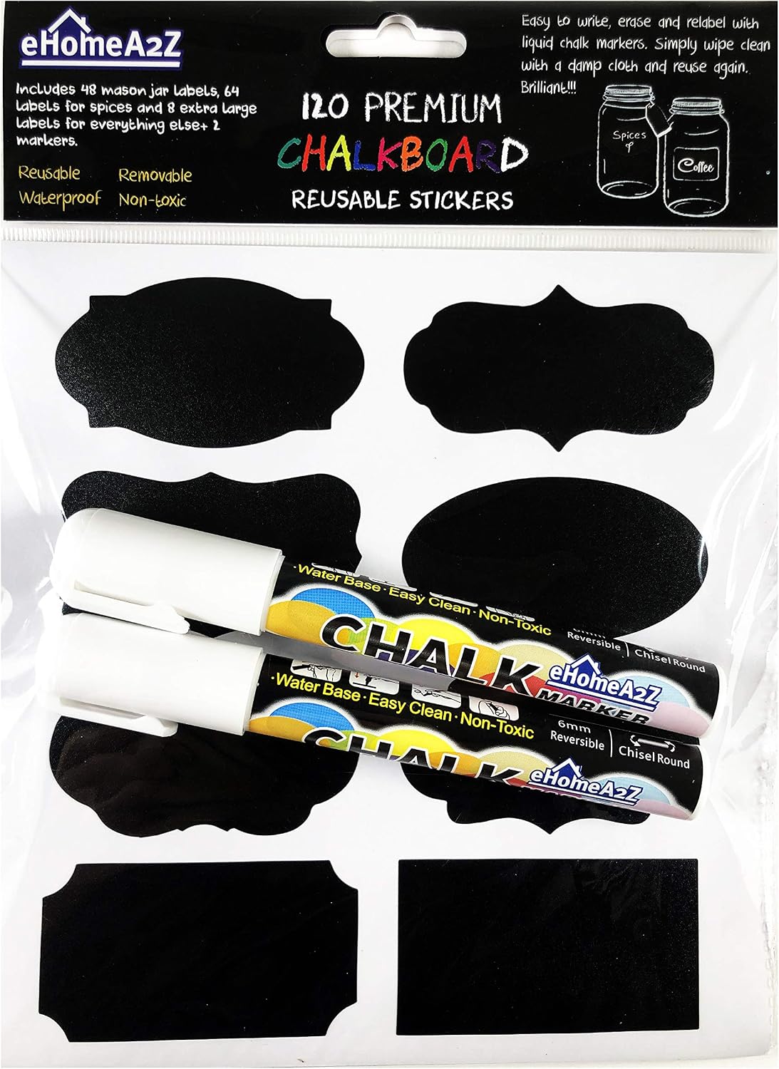 Chalkboard Jar Labels for Canning Mason Jars Premium Reusable Stickers Glass Chalk + 2 Large Erasable Markers (120 Labels)