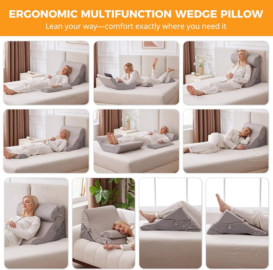 Ruqmuis 3PCS Wedge Pillow Set for After Surgery, Adjustable Back Pillow for Bed Sitting up, Acid Reflux, Bed Wedge Pillow Headboard for Sleeping & Snoring, Orthopedic Pillow for Post Surgery, White
