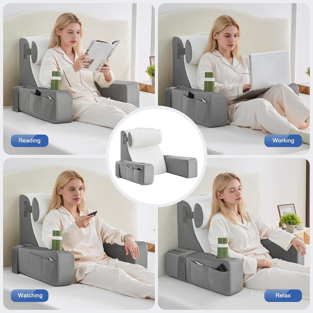 Reading Pillow for Sitting in Bed Adult, Back Pillow for Bed Sitting up with Arms, Pockets and Cup holder, Sit Up Backrest Pillows for Beds Chair Support, Rest Pillow for Gaming (Light gray)