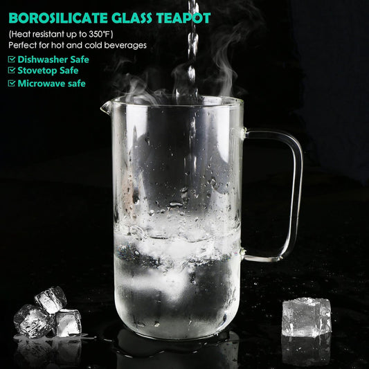 Aquach 51oz Glass Teapot with Infuser, Stovetop Safe Borosilicate Tea Pot | Dishwasher Safe, Plastic-free, Precise Loose Leaf Filter, Easy-clean Opening, Sharing Capacity