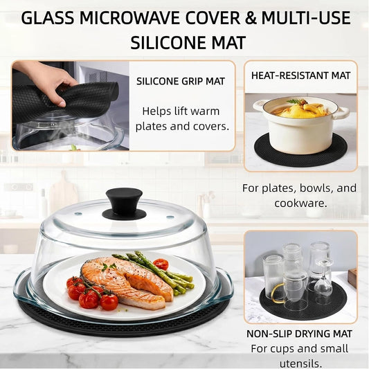 9.5 Inch Borosilicate Glass Microwave Splatter Cover with Silicone Mat