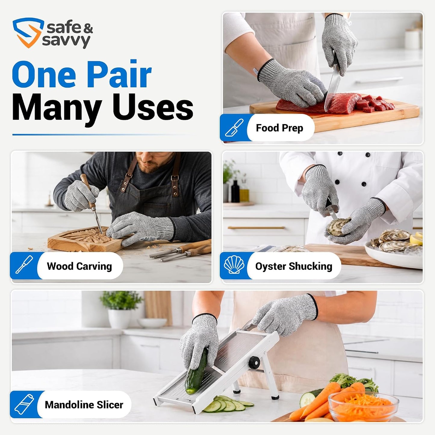 Safe & Savvy Cut Resistant Gloves Food Grade, ANSI A5 Kitchen Safety Gloves for Meat Cutting, Mandoline Slicer, Oyster Shucking, Wood Carving, Fish Fillet & Butcher, Grey (Medium)