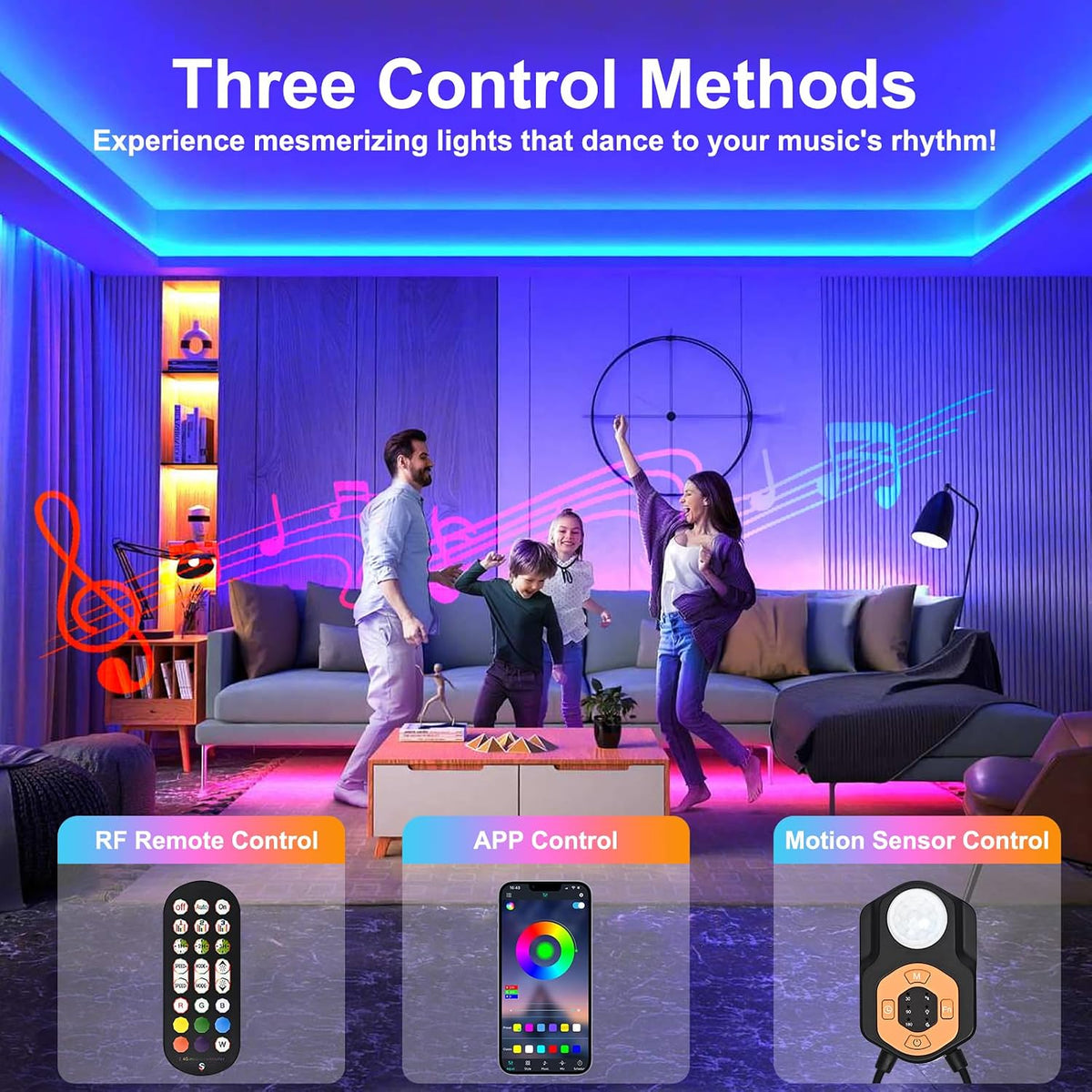 Motion Sensor LED Light Strip 19.68ft 3M* Under Bed Lights |3 Modes |Music Sync |Timer | RGB Color Changing |Remote & App Control |Dimmable Motion Activated LED Night Light for Bedroom Cabinet