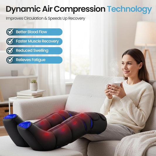 Leg Massager with Heat for Feet, Calves & Thighs, Air Compression | Handheld controller, 9 intensities, 6 modes, 3 heat levels; feet, calves & thighs, circulation & pain relief, USA Owned