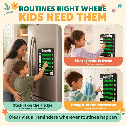 Visual Schedule for Kids, Magnetic Chore Chart & Reward System for Home, Toddler Daily Routine Board with 100 Picture Cards, Goal Magnets, Behavior Chart for Morning & Bedtime