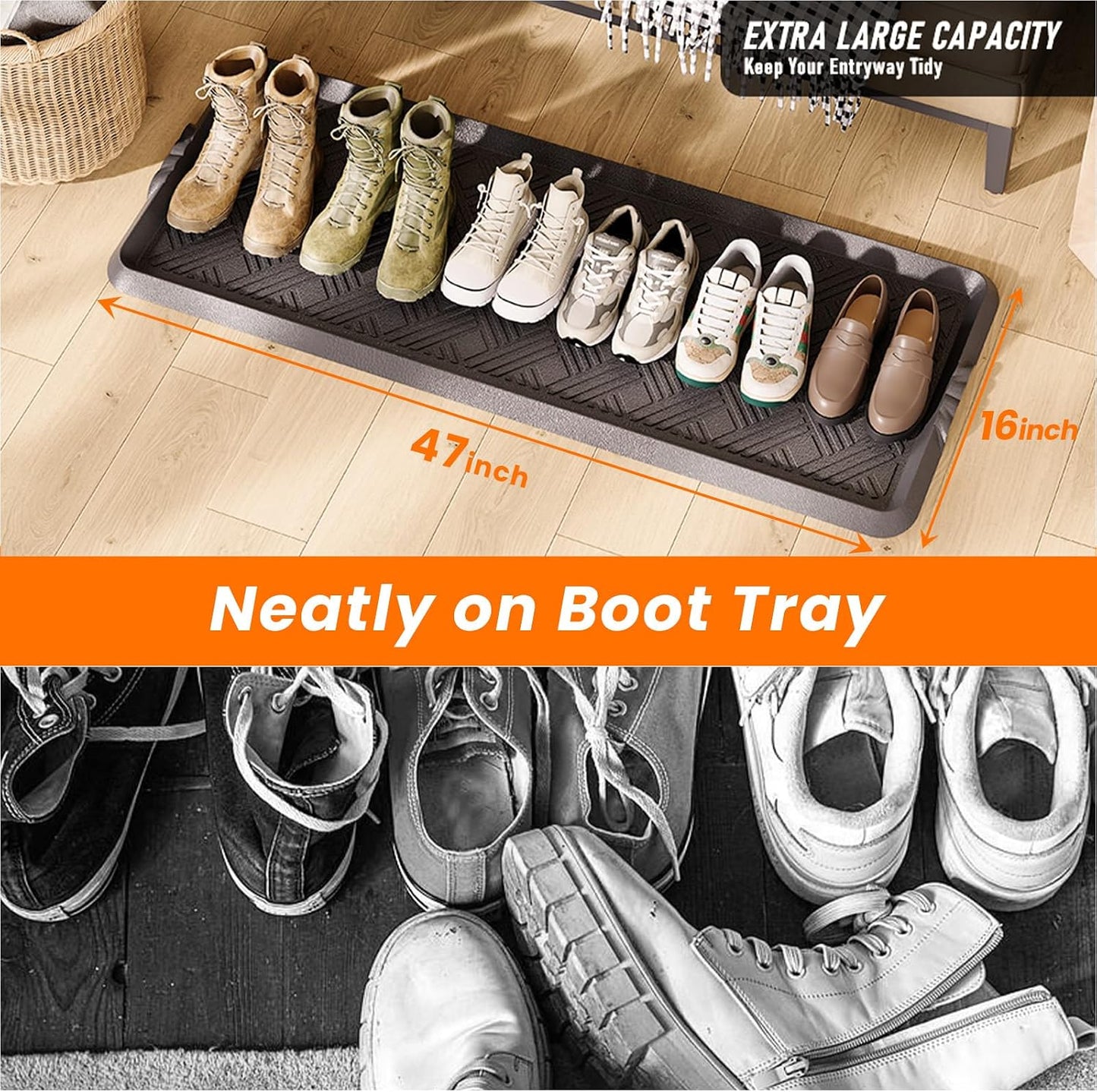 Rubber Boot Tray, Shoe Trays for Entryway, Versatile Boot Mat Tray with Raised Edge, 27.5"x16" Rubber Mat for Shoe Organizer Indoor/Outdoor Use