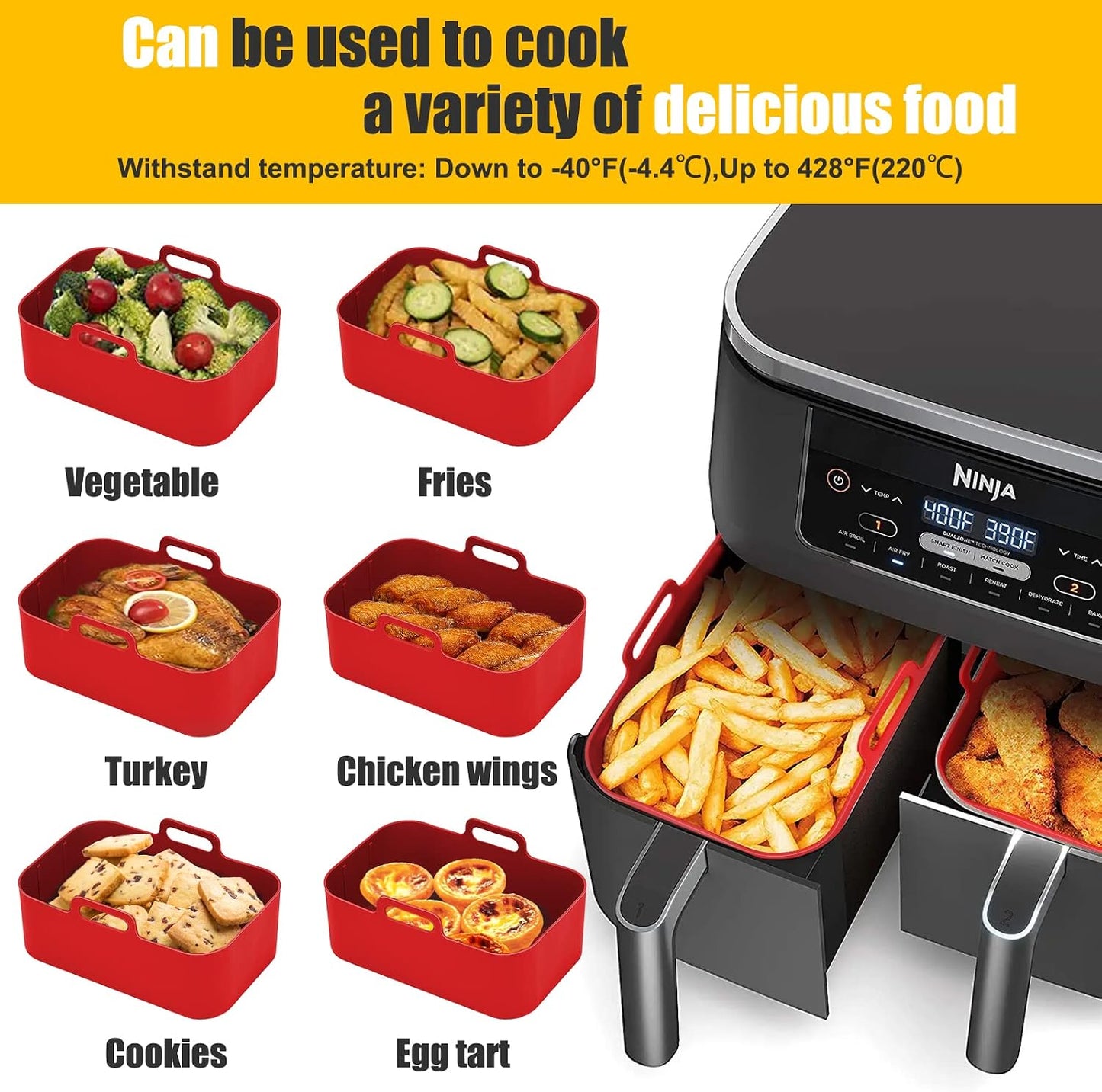 2Pcs Air Fryer Silicone Liners Rectangular for Ninja Foodi Dual DZ201 8QT | DZ090 6QT/Ninja DoubleStack SL201 8QT, MMH Reusable Airfryer Pot Baking Basket | Non-stick | Easy Cleaning | Food Safe | Gray
