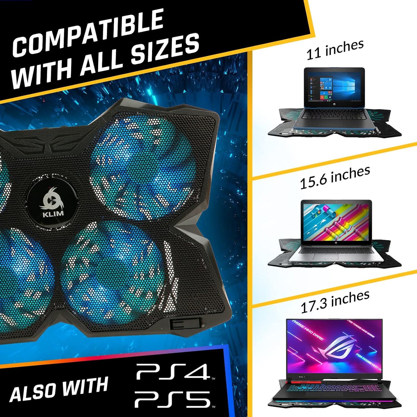 KLIM Wind Laptop Cooling Pad - More Than 500 000 Units Sold - New Version - The Most Powerful Rapid Action Cooling Fan - Laptop Stand with 4 Cooling Fans at 1200 RPM - USB Fan - PS5 PS4 - RGB