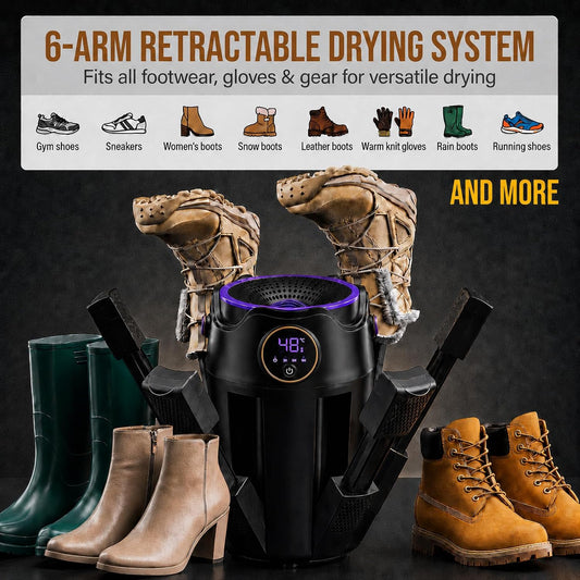 Boot Dryer, Shoe Dryer, 6-Arm Telescopic Foldable Electric Heating Machine | 3/6/9H timer, PTC constant-temp heat helps protect shoe materials, portable use, for gloves, work boots, sneakers, ski boots