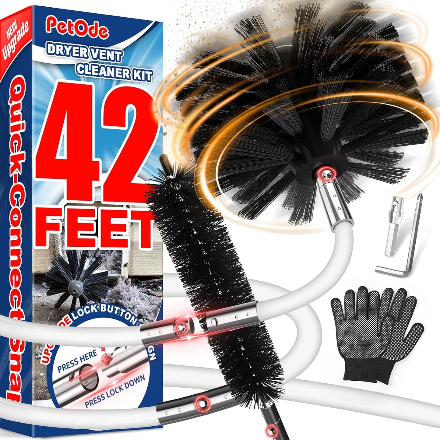 PetOde 32 Feet Dryer Vent Cleaner Kit, Flexible Lint Remover | Upgraded Quick-Snap Brush with Drill Attachment for Easy to Use, Deep Clean, Lint Removal, Easy DIY Assembly, Home Essential