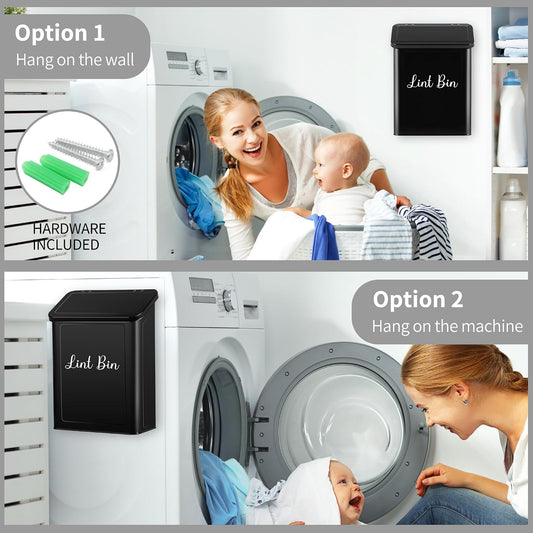 Magnetic Lint Bin for Laundry Room, Metal Lint Trash Can with Lid and Brush, Wall Mounted Lint Box for Dryer, Farmhouse Laundry Room Decor, Black