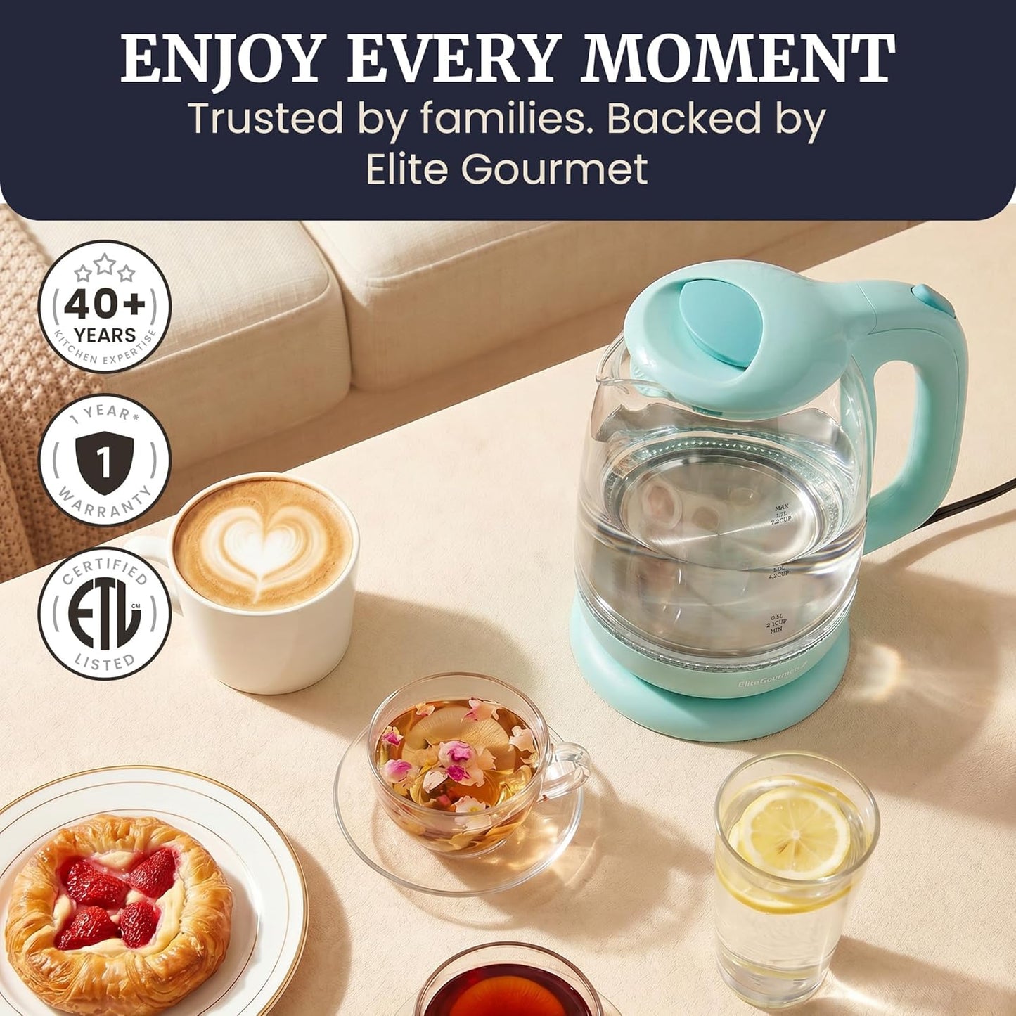 Elite Gourmet EKT1792M 1.7L Glass Kettle, Blue LED, Rapid Boil, 7.2 Cups | Auto Shut-Off, Boil-Dry Protection, 360° Cordless Base, Hot Water for Tea, Coffee & Oatmeal