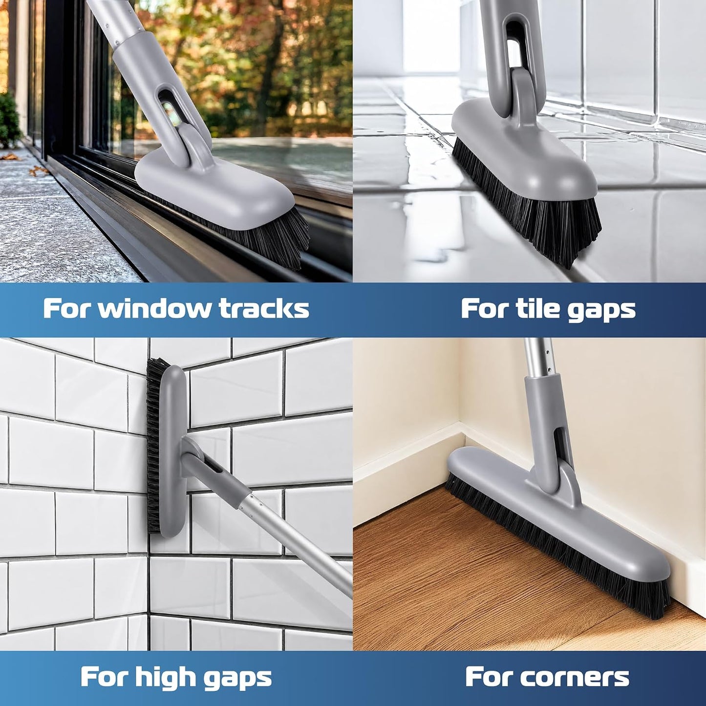 Grout Scrub Brush with Long Handle, 50'' Tile Grout Scrubber, V-Shape Crevice Cleaning Brush for Hard to Reach Areas, 180° Rotation Grout Cleaner for Tile Floors, Baseboards and Corners