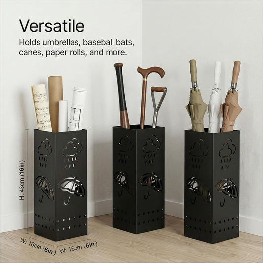 BEWBBAT Umbrella Stand Rack for Entryway, Black Square Metal Umbrella Holder, Free Standing Umbrella Storage Organizer Bin with for Home Office Hotel Decor, 6 x 6 x 17 Inch, Hold 6 Umbrellas