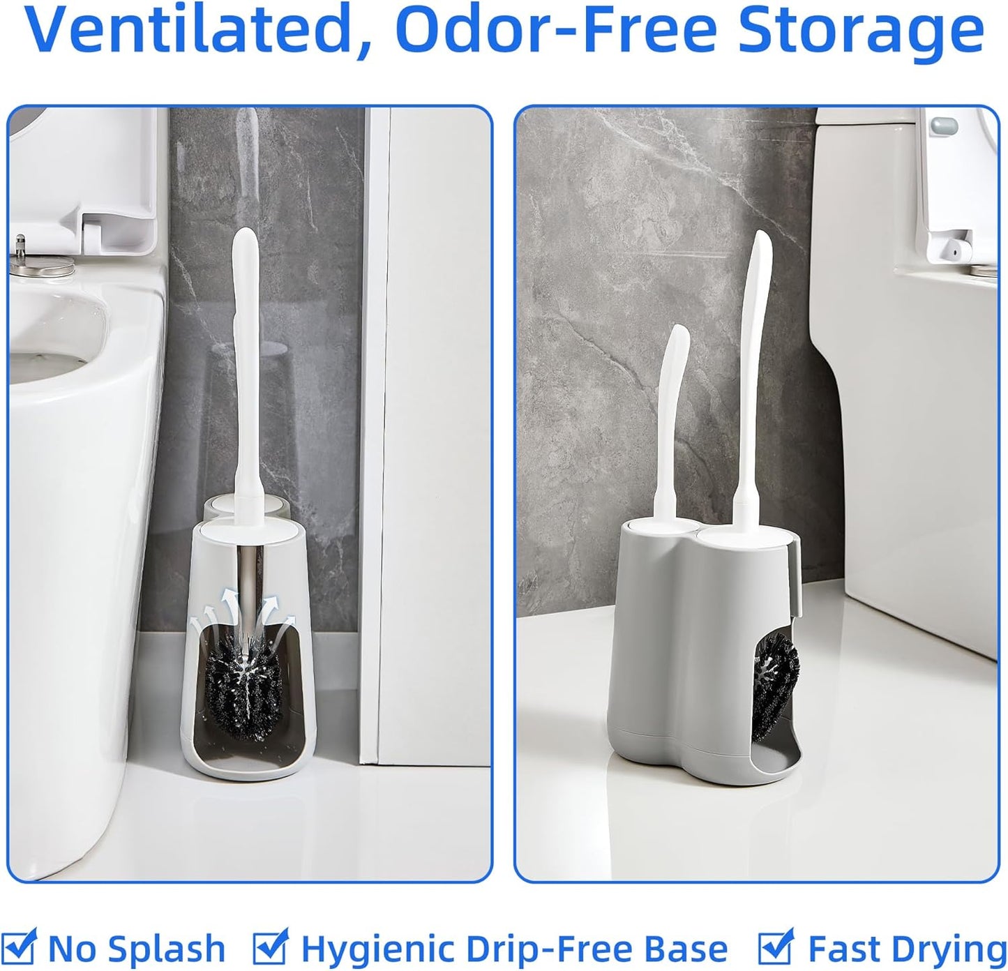 Toilet Brush and Holder Set with Pumice Stone Toilet Bowl Cleaner | Long-handle Scrubber with Ventilated Holder and Pumice Stone for Hard Water Stains, Limescale and Toilet Rings